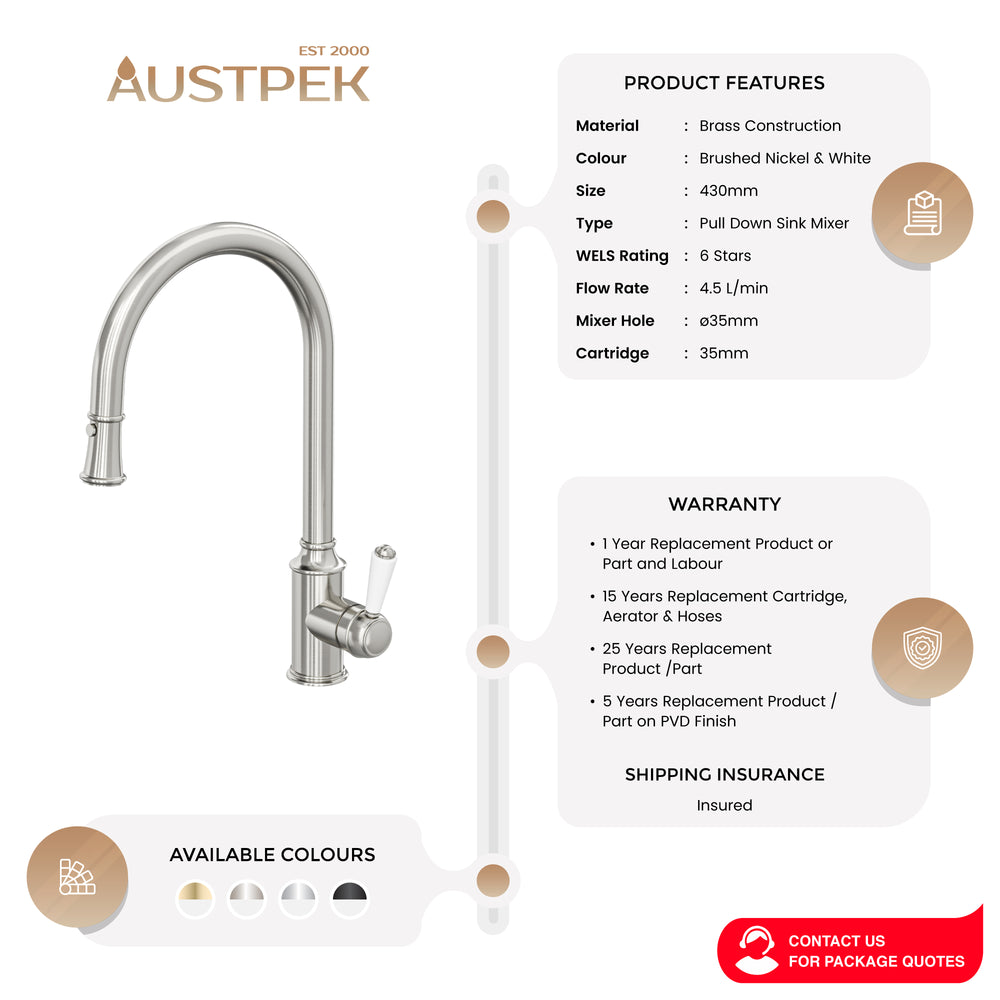 LINSOL TOMMY PULL DOWN SINK MIXER 430MM BRUSHED NICKEL AND WHITE