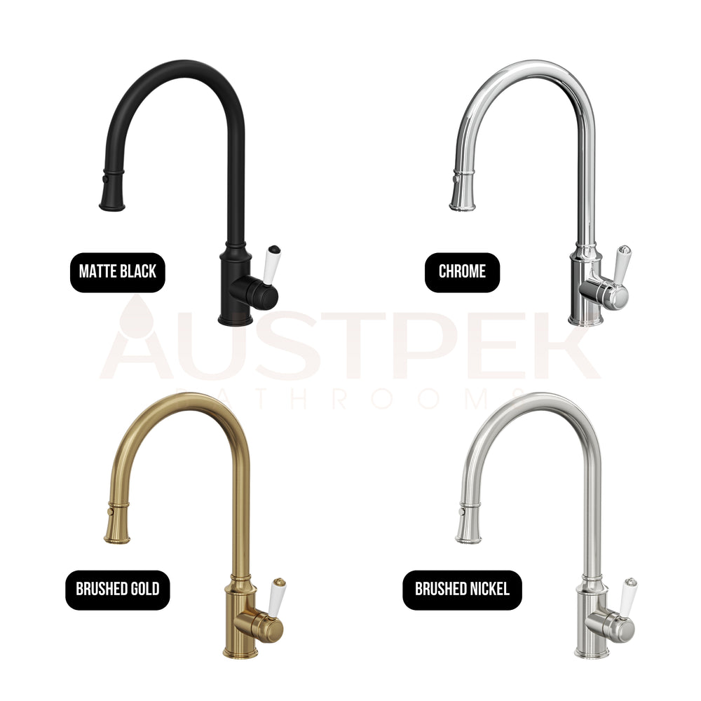 LINSOL TOMMY PULL DOWN SINK MIXER 430MM BRUSHED BRASS AND WHITE