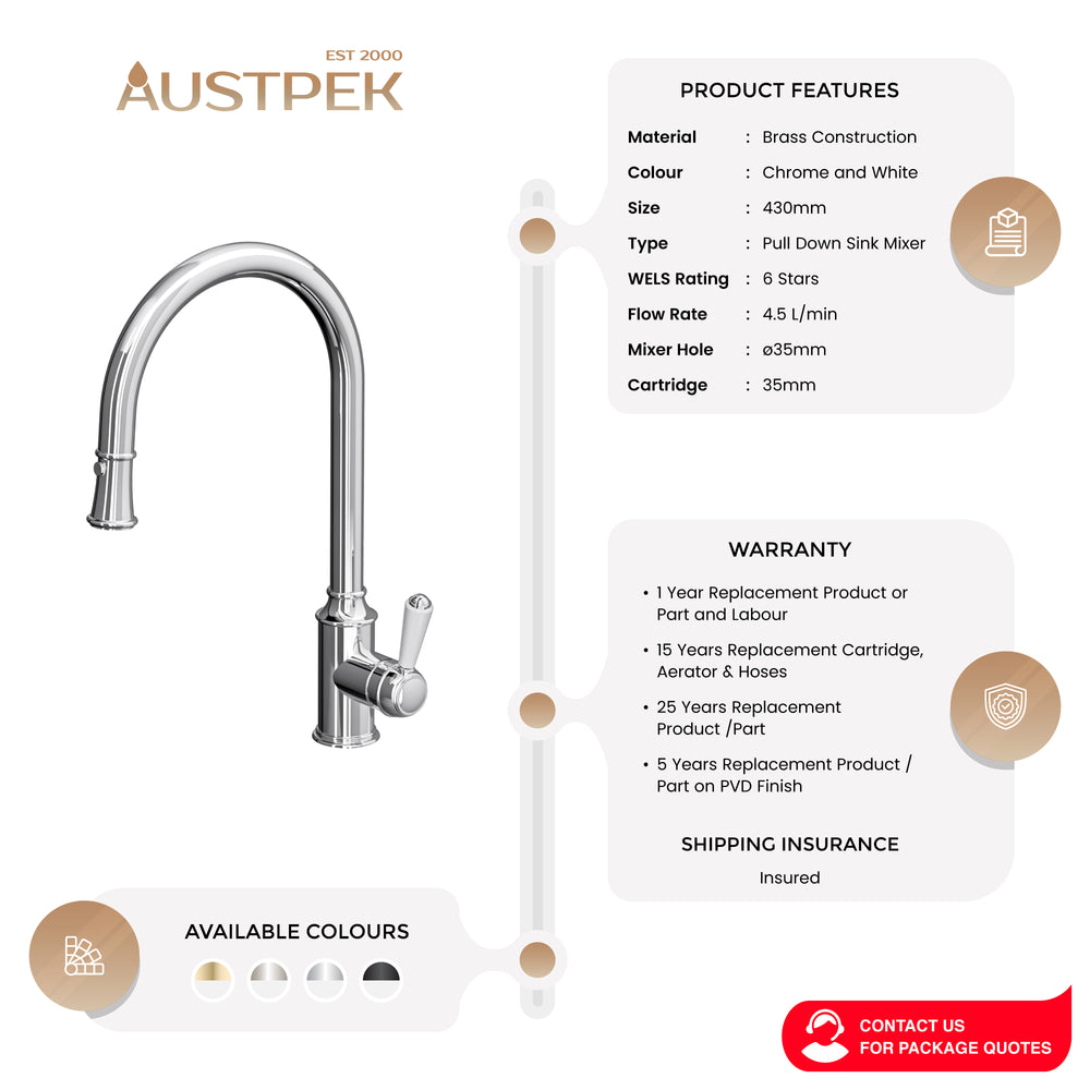 LINSOL TOMMY PULL DOWN SINK MIXER 430MM CHROME AND WHITE