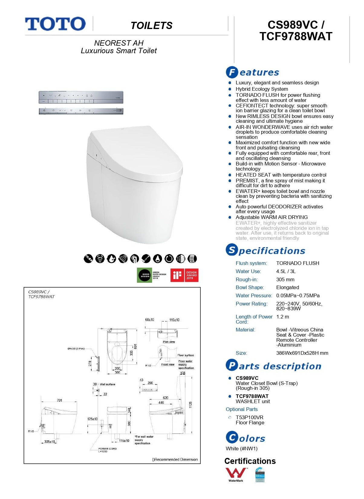 TOTO NEOREST AH INTEGRATED TOILET AND WASHLET W/ REMOTE CONTROL PACKAGE ELONGATE GLOSS WHITE