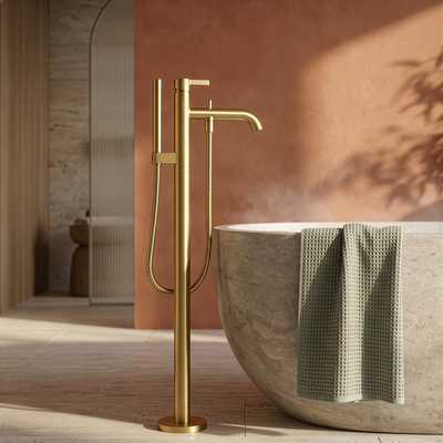 TOTO GF FREESTANDING BATH MIXER WITH HAND SHOWER BRUSHED FRENCH GOLD