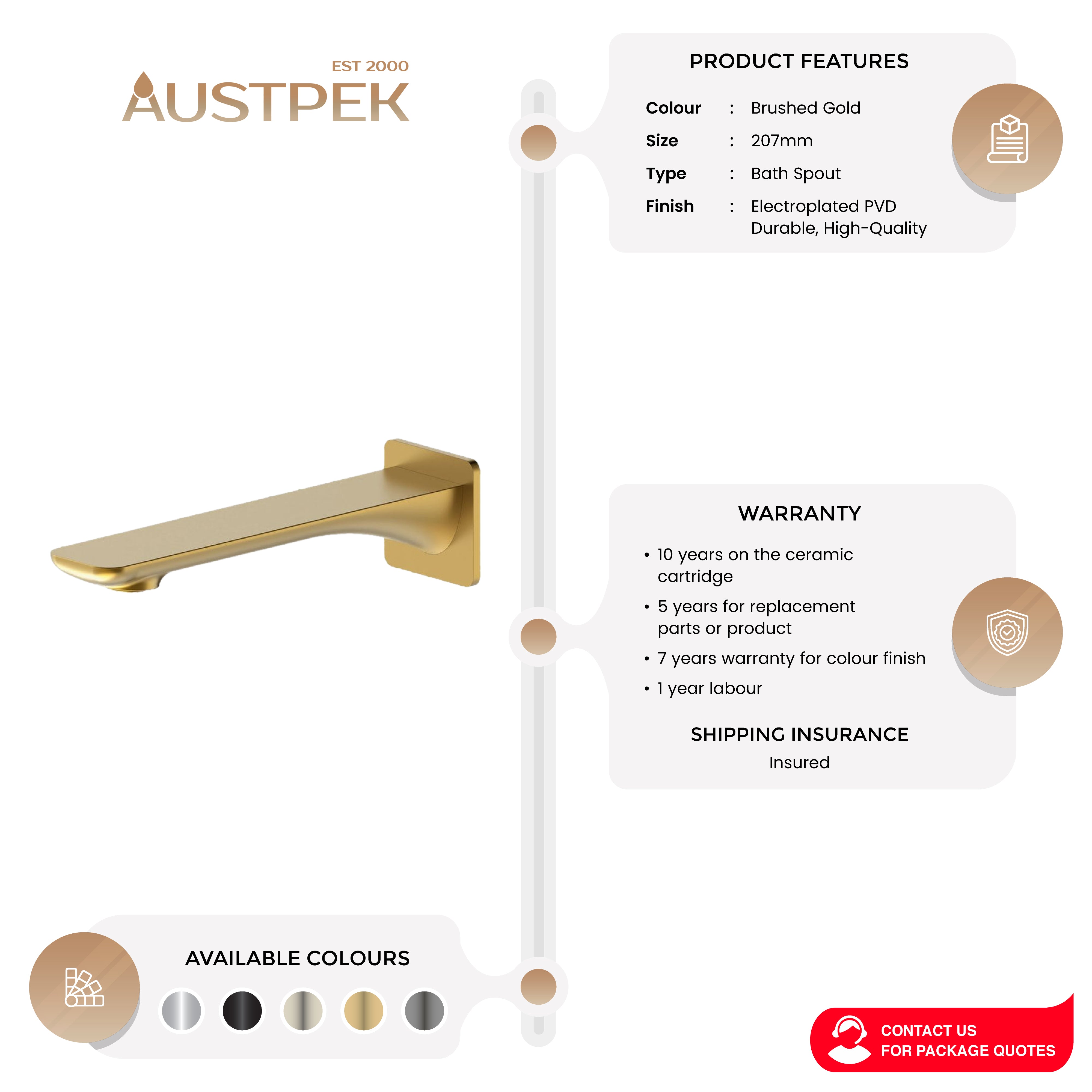 OSKAR BATH SPOUT 207MM BRUSHED GOLD