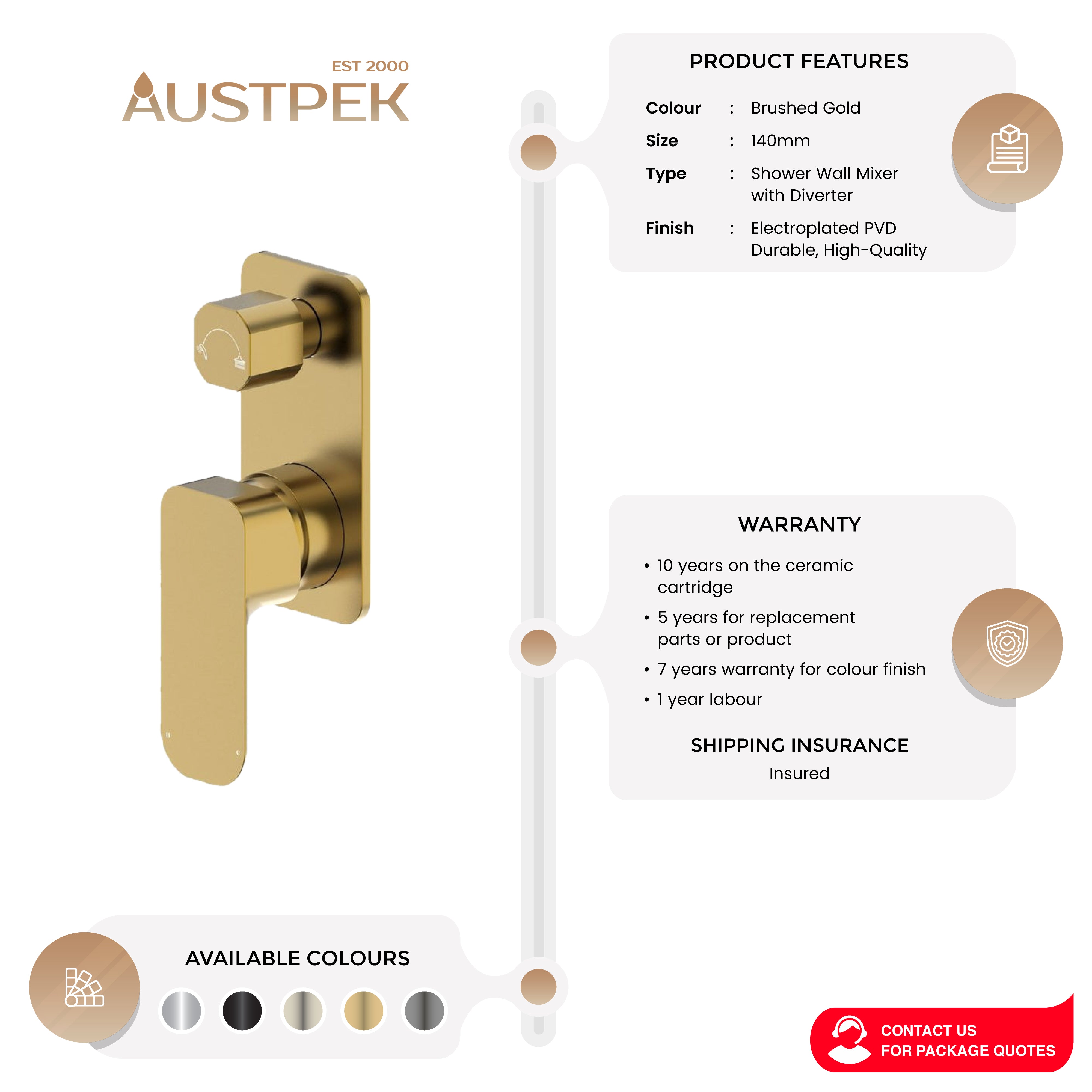 OSKAR SHOWER WALL MIXER WITH DIVERTER BRUSHED GOLD
