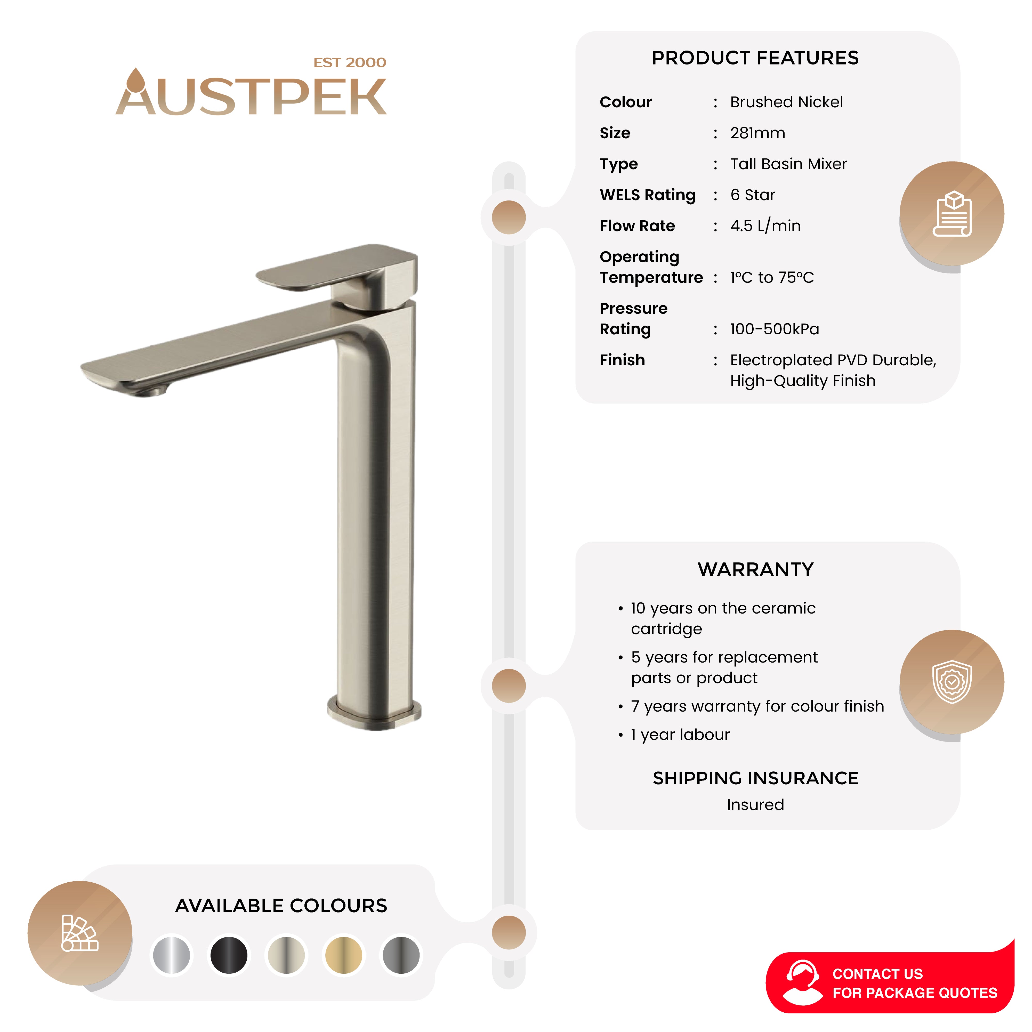 OSKAR TALL BASIN MIXER 281MM BRUSHED NICKEL