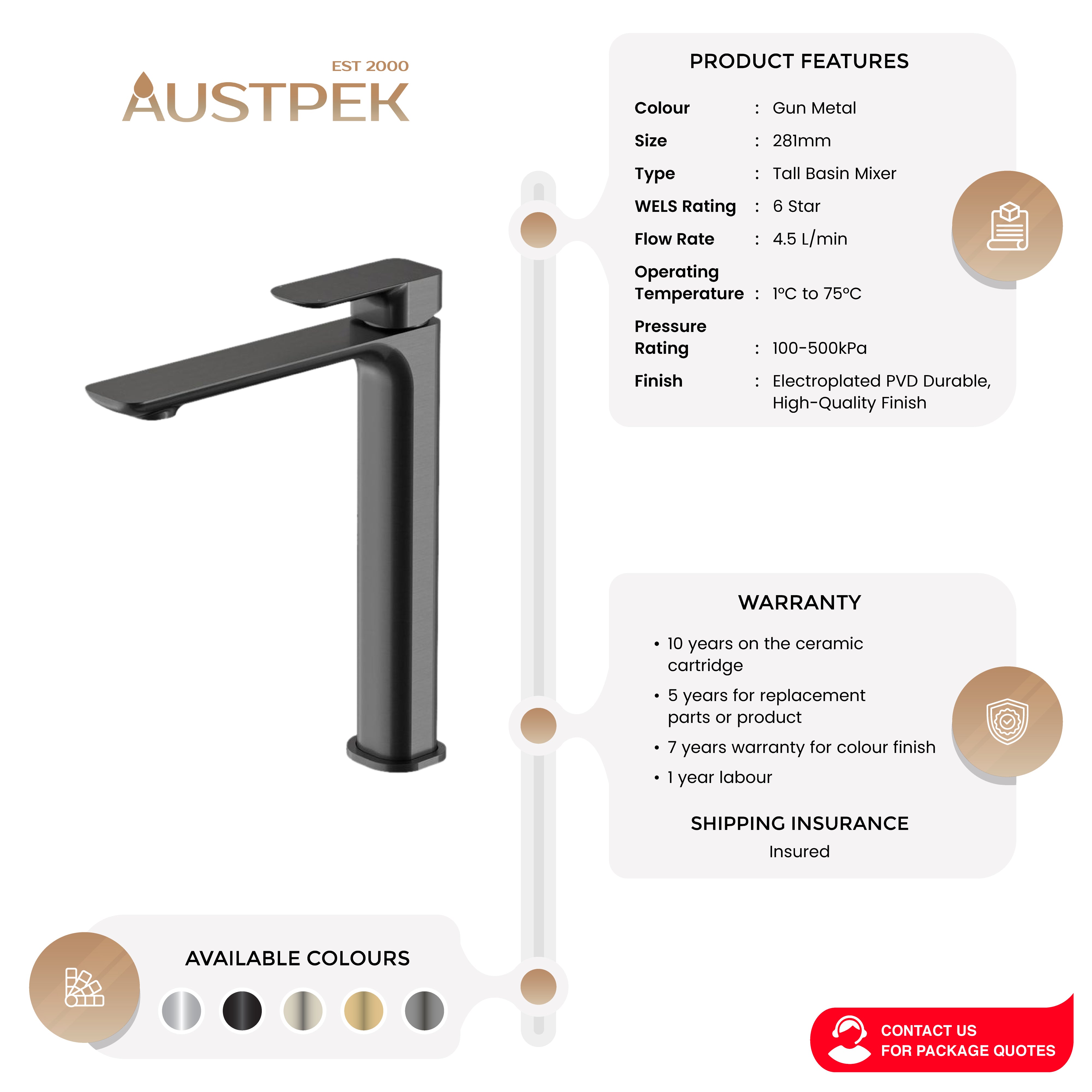OSKAR TALL BASIN MIXER 281MM GUN METAL