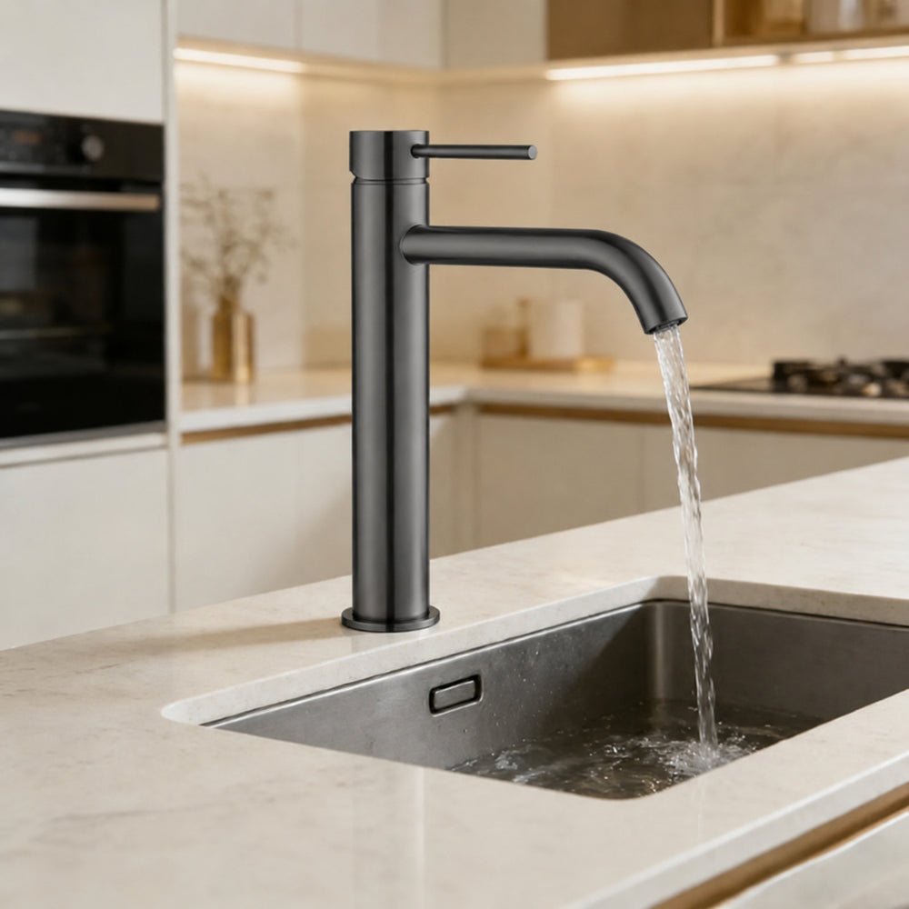 VITO TALL BASIN MIXER WITH CURVED SPOUT GUN METAL