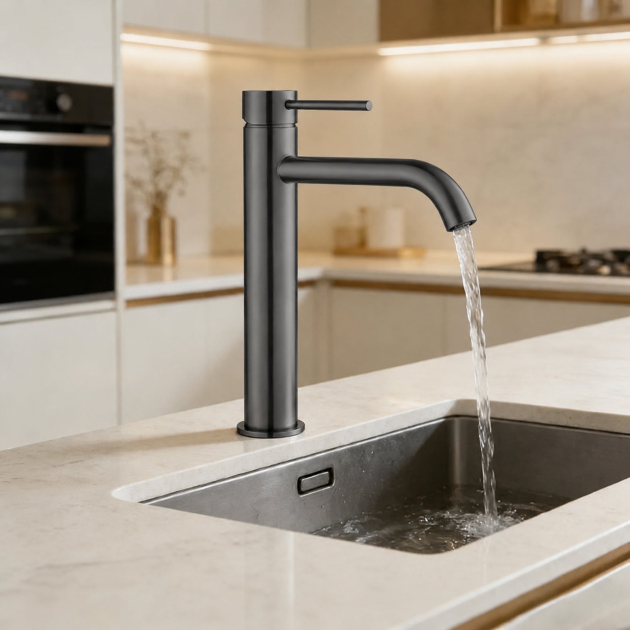 VITO TALL BASIN MIXER WITH CURVED SPOUT GUN METAL