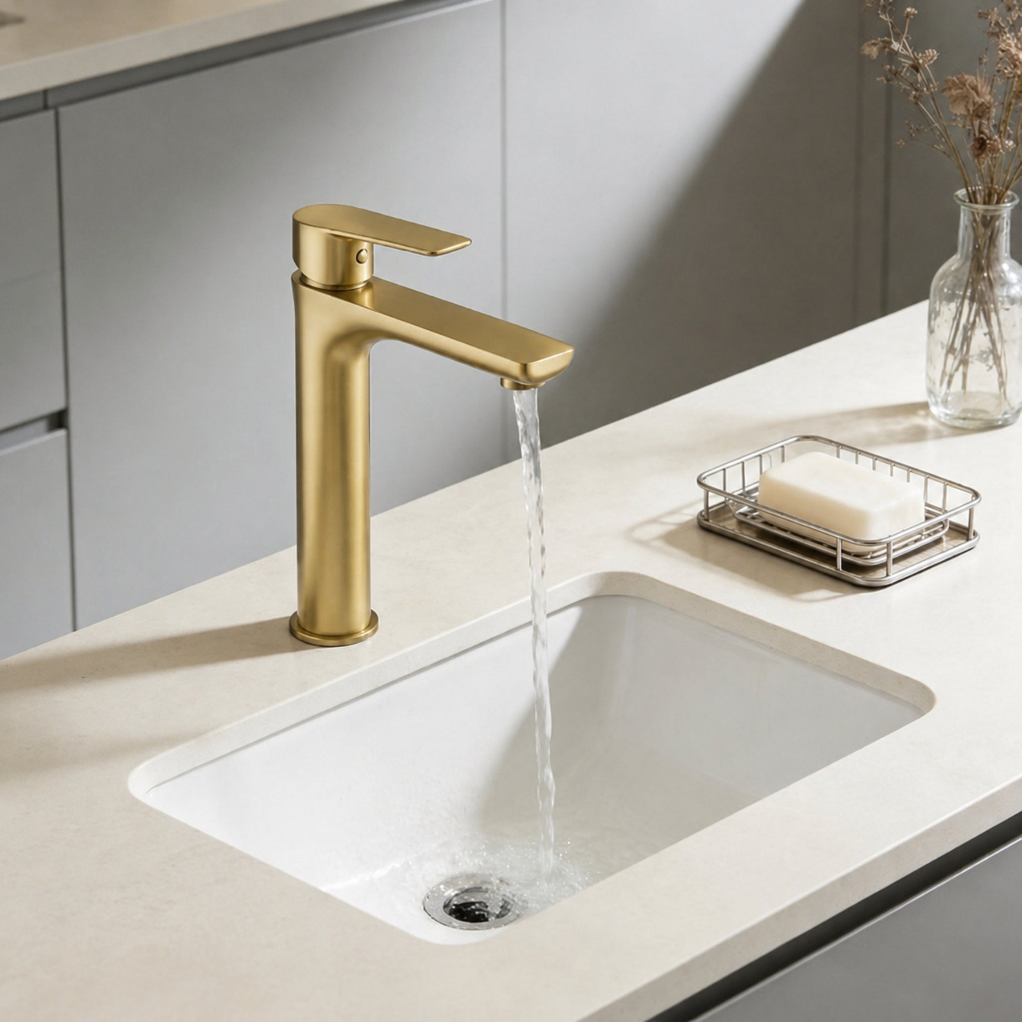 VITO TALL BASIN MIXER WITH FLAT SPOUT BRUSHED GOLD