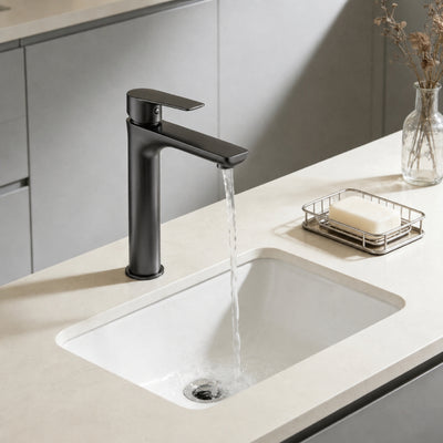 VITO TALL BASIN MIXER WITH FLAT SPOUT GUN METAL