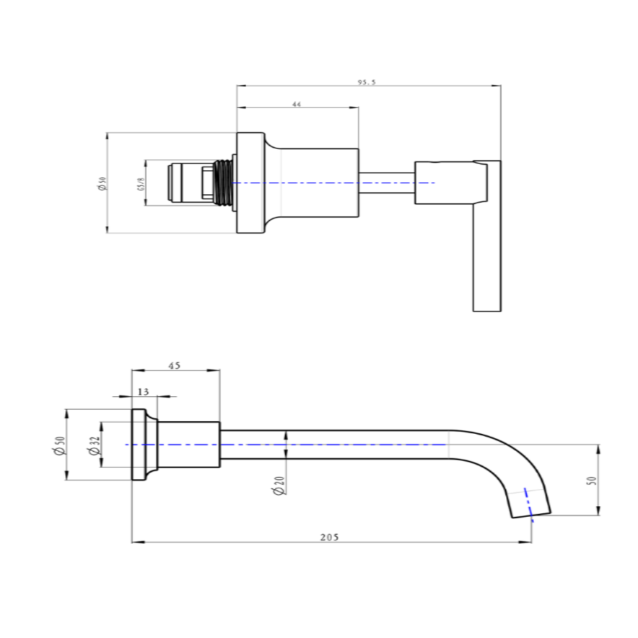 LINSOL TRE LEVER HANDLE BATH SET - Technical Drawing