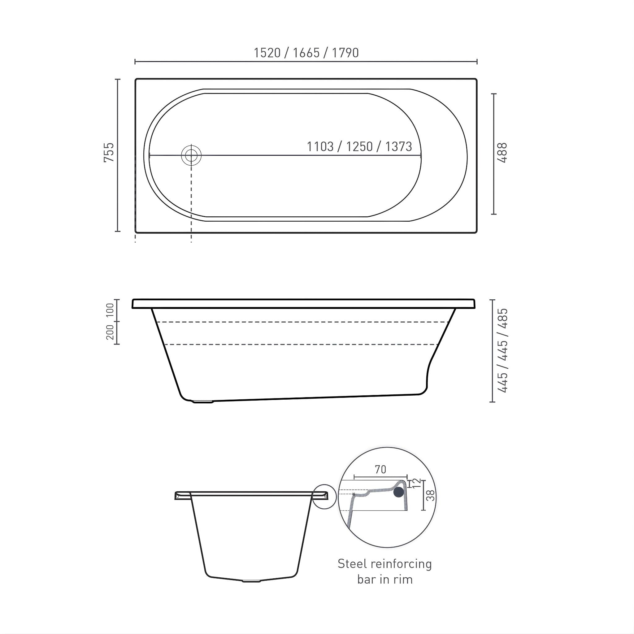 DECINA TURIN INSET CONTOUR SPA BATH GLOSS WHITE (AVAILABLE IN 1520MM, 1665MM AND 1790MM) WITH 12-JETS