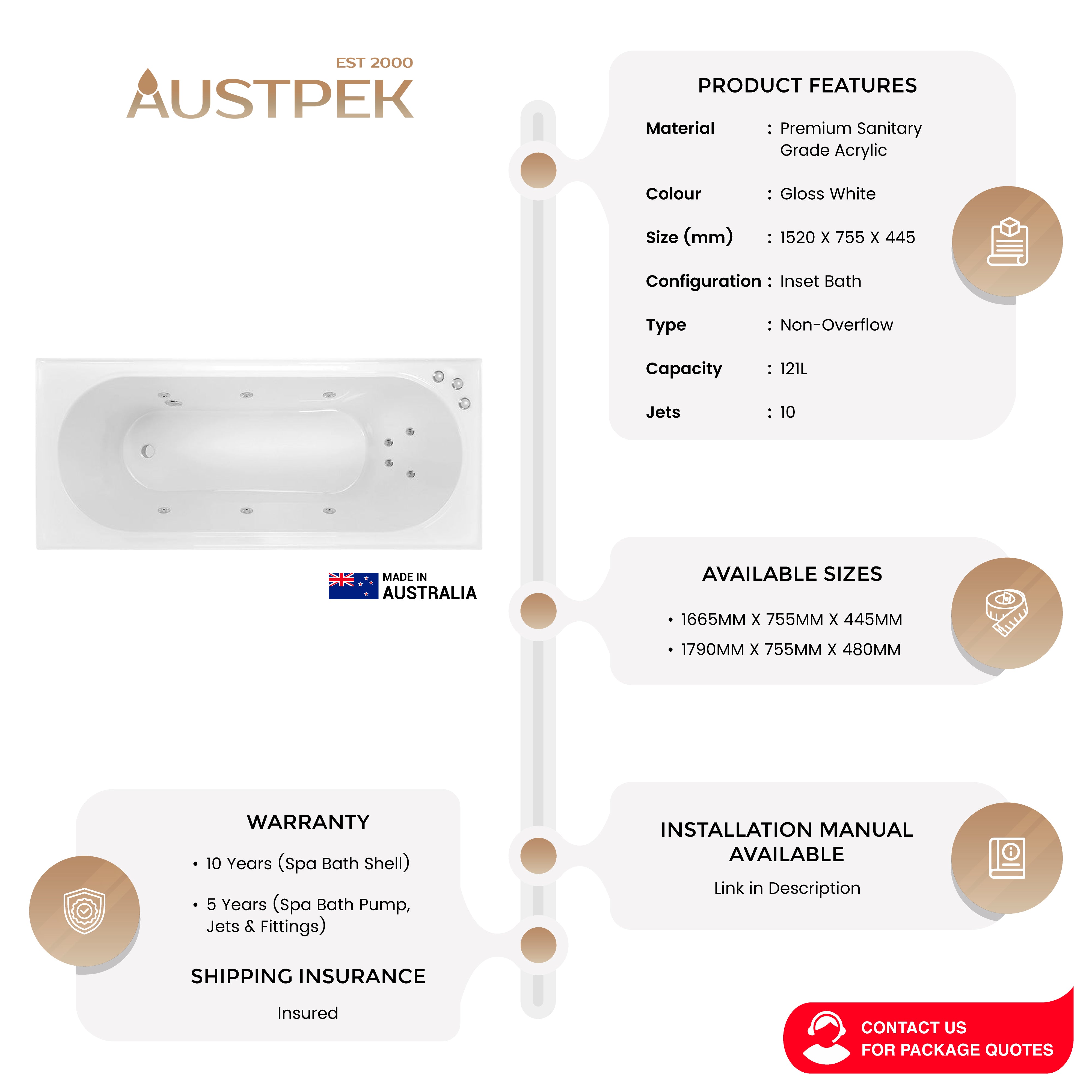 DECINA TURIN INSET SANTAI SPA BATH GLOSS WHITE (AVAILABLE IN 1520MM, 1665MM AND 1790MM) WITH 10-JETS