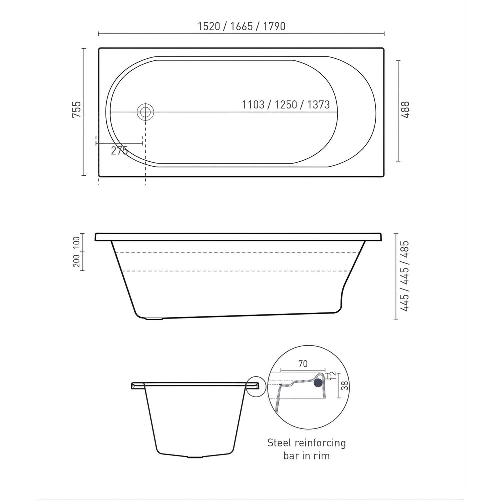 DECINA TURIN INSET BATH GLOSS WHITE (AVAILABLE IN 1520MM, 1665MM AND 1790MM)