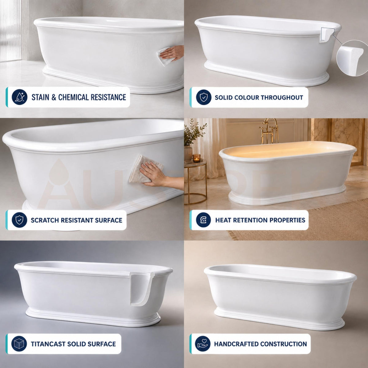 TURNER HASTINGS CAMDEN TITANCAST SOLID SURFACE FREESTANDING BATHTUB SATIN SILK WHITE 1800MM