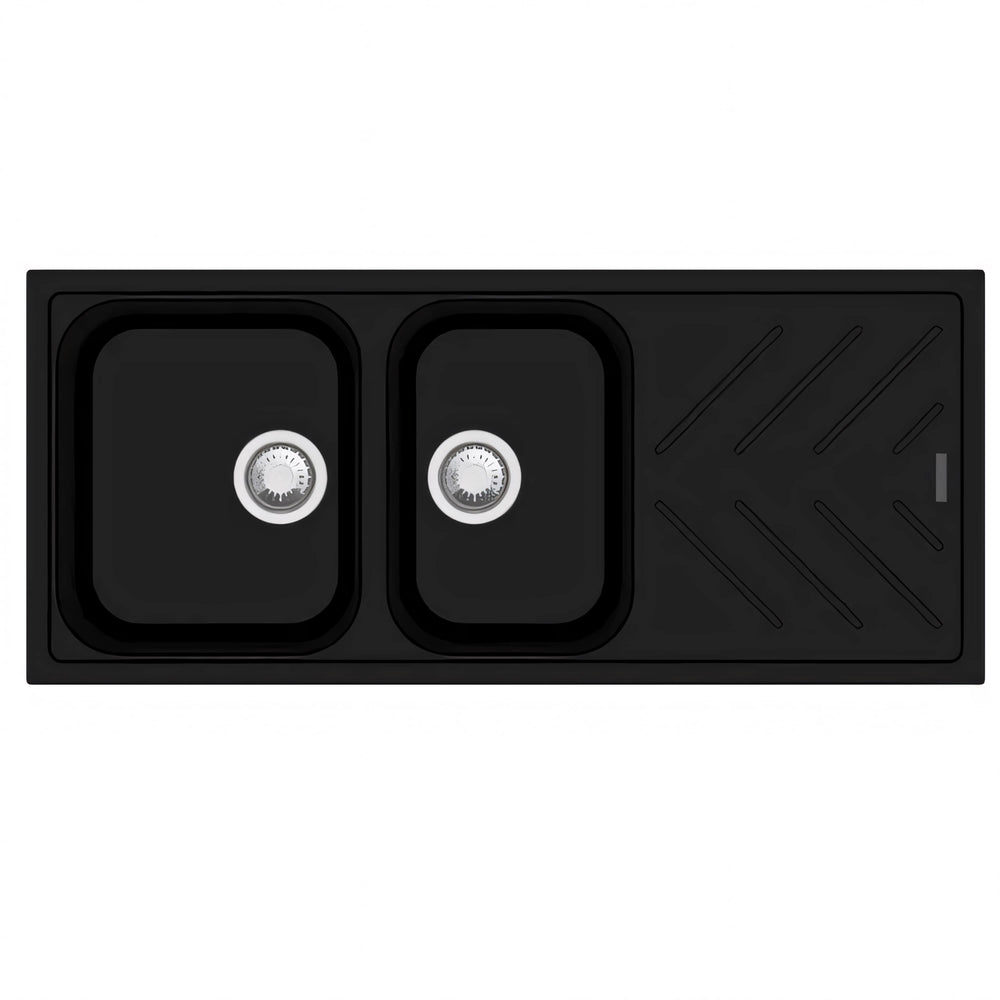 AQUAPERLA QUARTZ 1 & 3/4 DOUBLE BOWL SINK BLACK GRANITE 1160MM
