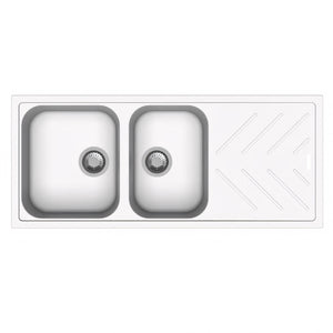 AQUAPERLA QUARTZ 1 & 3/4 DOUBLE BOWL SINK WHITE GRANITE 1160MM