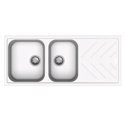 AQUAPERLA QUARTZ 1 & 3/4 DOUBLE BOWL SINK WHITE GRANITE 1160MM
