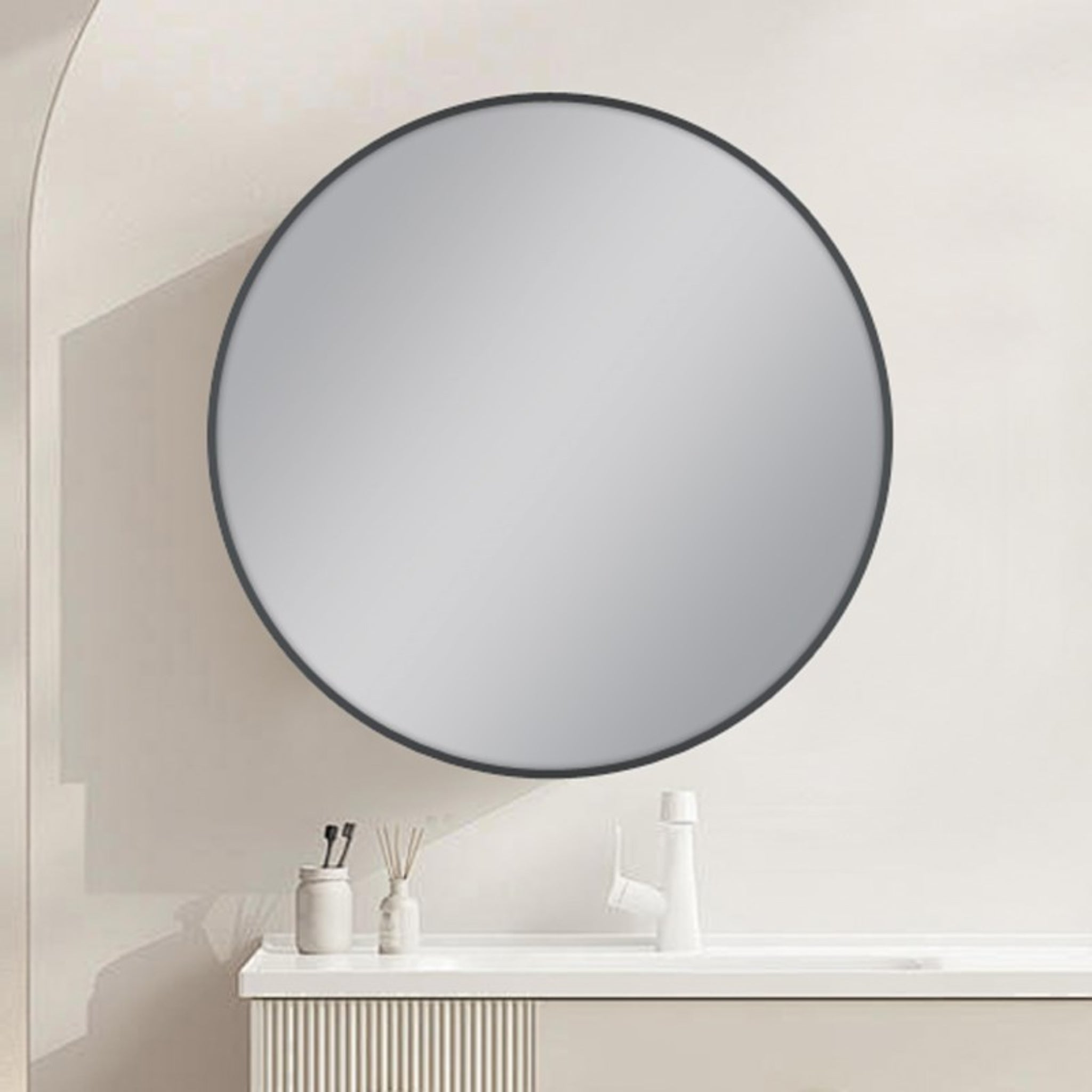 AQUAPERLA ROUND FRAMED CARYSIL MIRROR GUN METAL 800MM