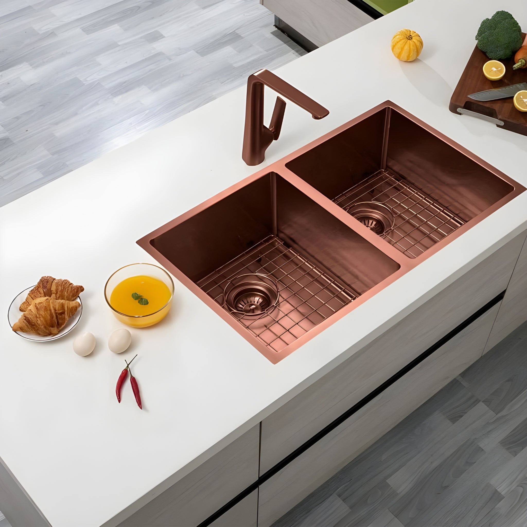 AQUAPERLA PVD STAINLESS STEEL DOUBLE BOWL KITCHEN SINK COPPER 770MM