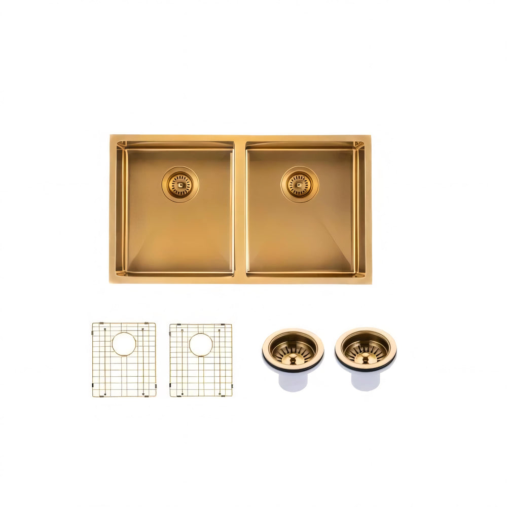 AQUAPERLA T304 HANDMADE DOUBLE BOWL SINK BRUSHED GOLD 820MM