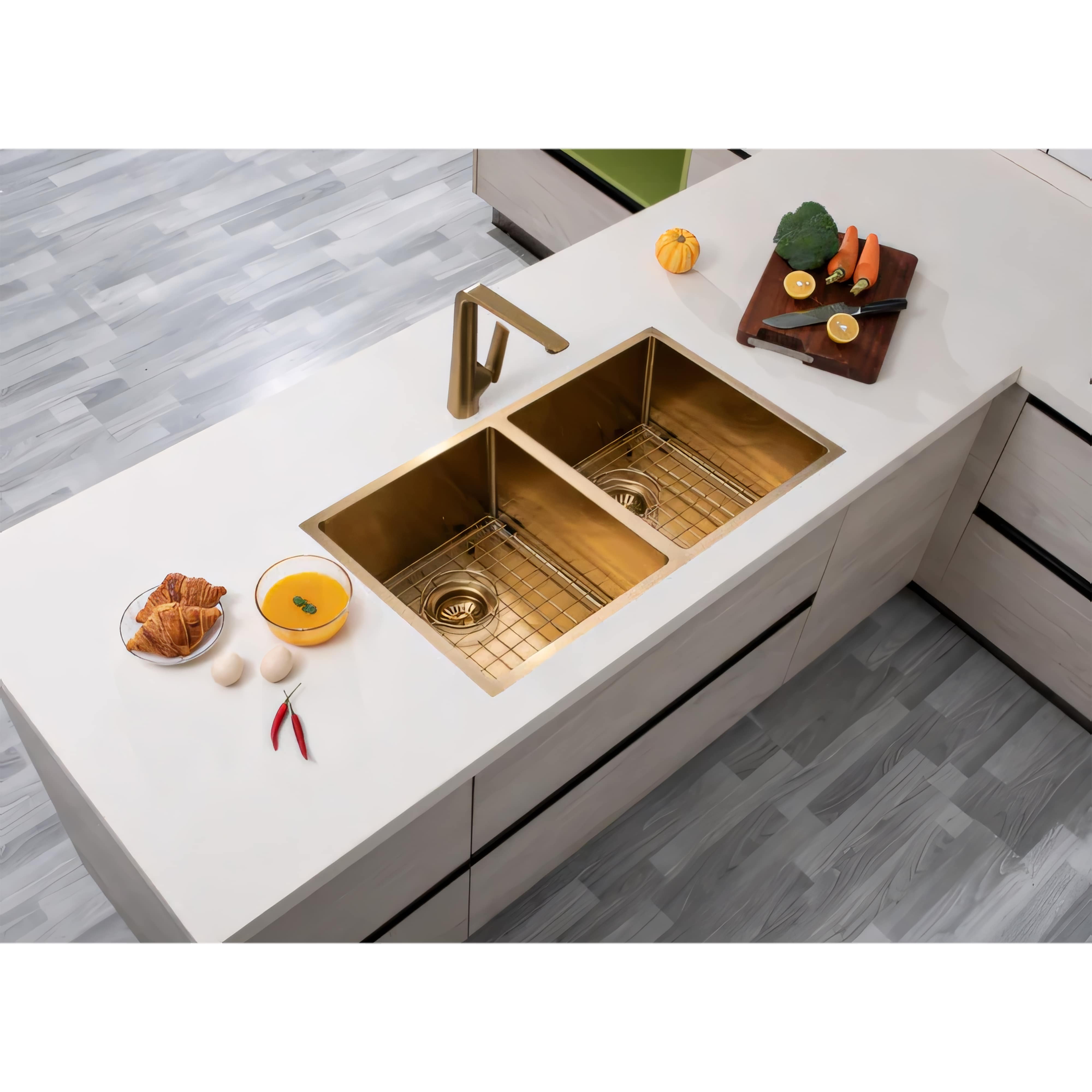 AQUAPERLA T304 HANDMADE DOUBLE BOWL SINK BRUSHED GOLD 820MM