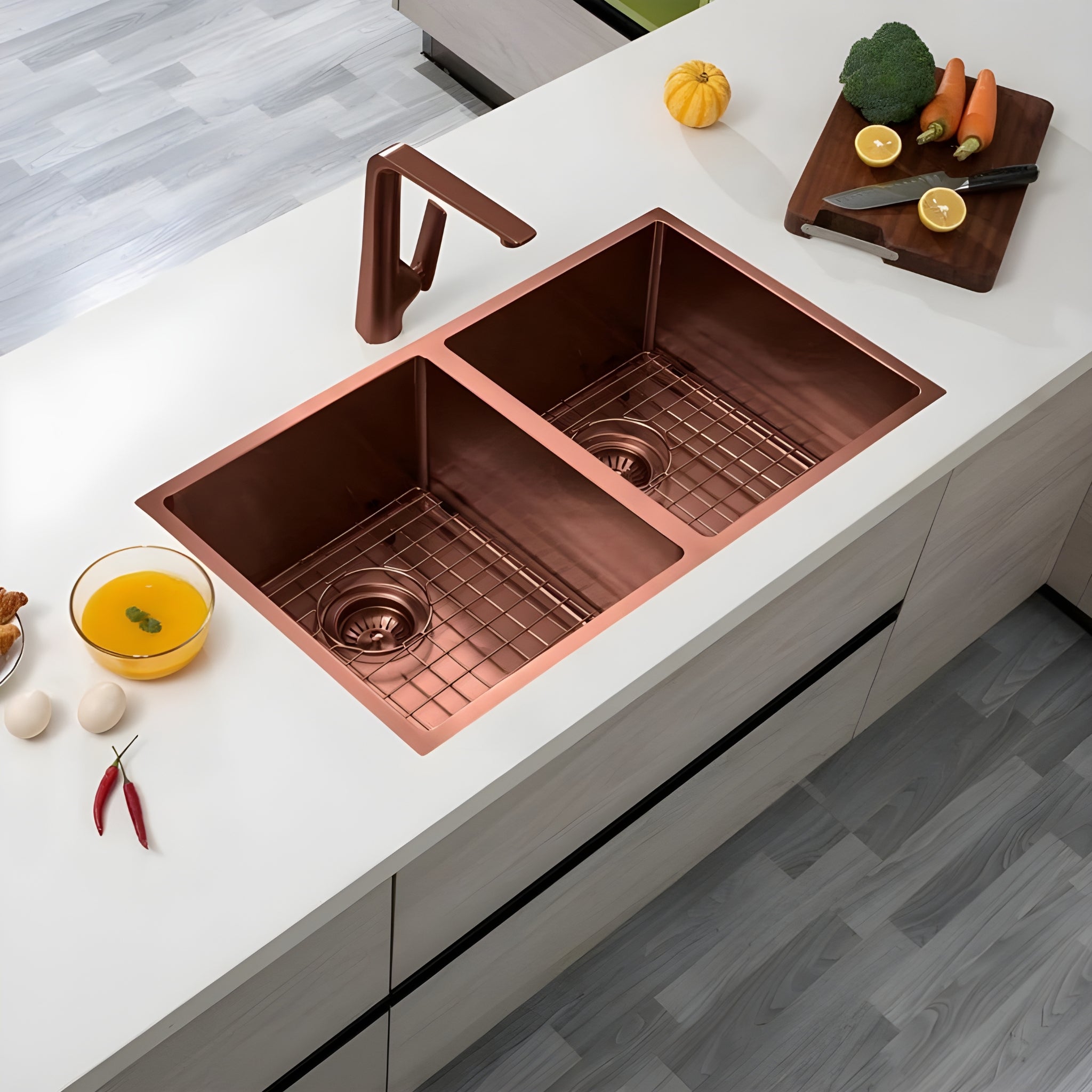 AQUAPERLA PVD STAINLESS STEEL DOUBLE BOWL KITCHEN SINK COPPER 820MM