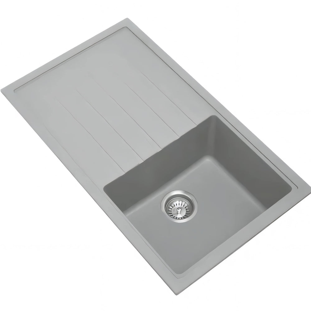 AQUAPERLA CARYSIL SINGLE BOWL WITH DRAINER BOARD GRANITE KITCHEN SINK CONCRETE GREY 860MM