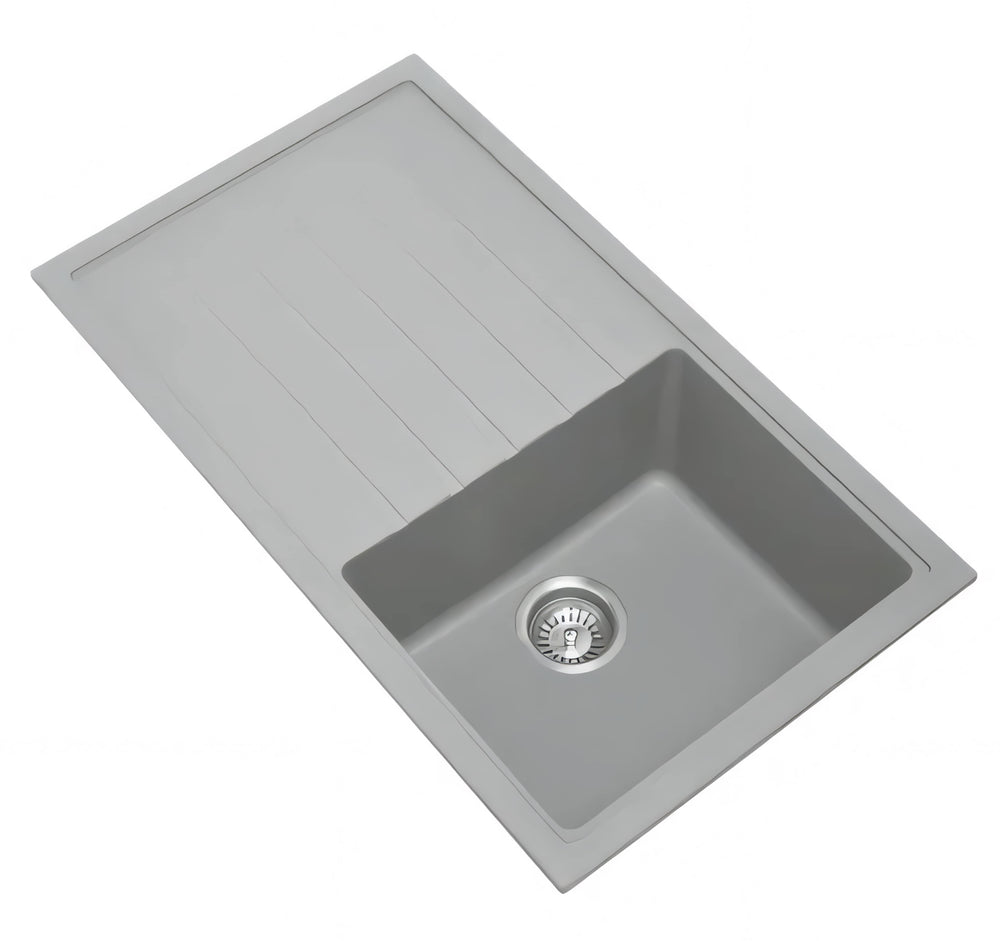 AQUAPERLA  SINGLE BOWL WITH DRAINER BOARD GRANITE KITCHEN SINK CONCRETE GREY 860MM