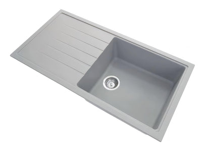 AQUAPERLA CARYSIL SINGLE BOWL WITH DRAINER BOARD GRANITE KITCHEN SINK CONCRETE GREY 1000MM