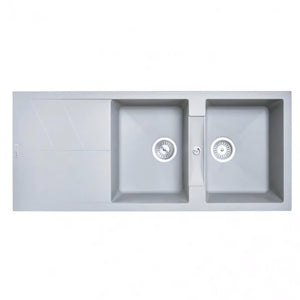 AQUAPERLA  DOUBLE BOWL GRANITE DRAINBOARD KITCHEN SINK CONCRETE GREY 1160MM