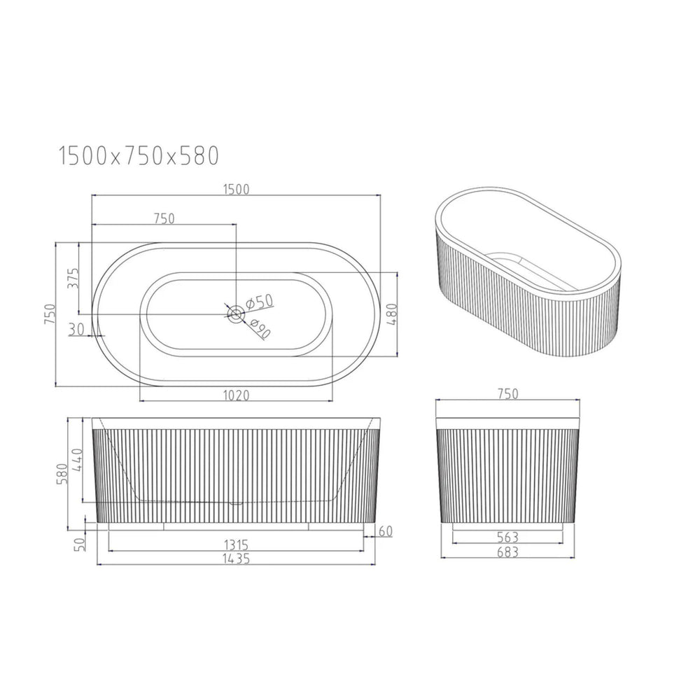 MERCIO TYLER FLUTED FREESTANDING BATHTUB GLOSS WHITE (AVAILABLE IN 1500MM AND 1700MM)
