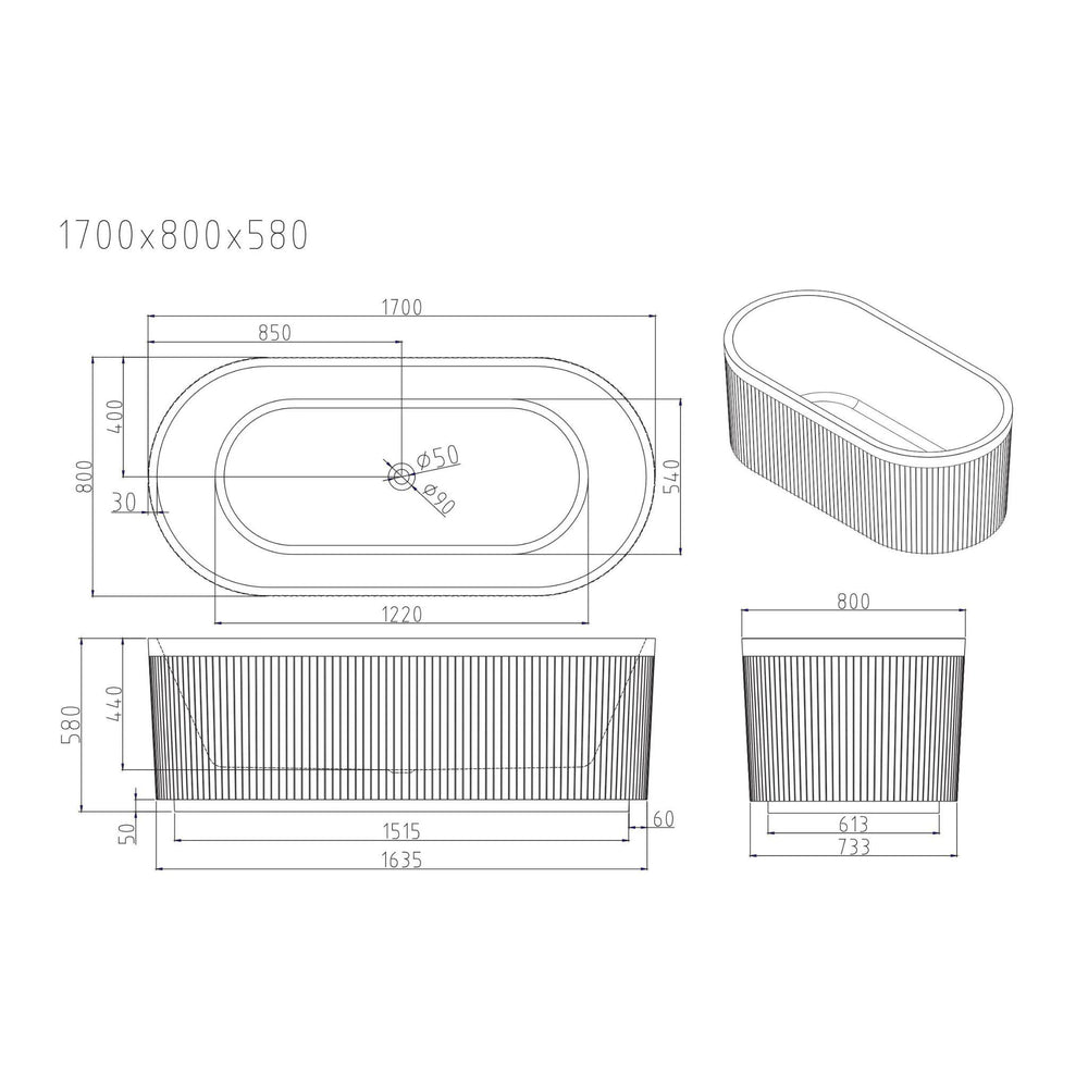 MERCIO TYLER FLUTED FREESTANDING BATHTUB GLOSS WHITE (AVAILABLE IN 1500MM AND 1700MM)