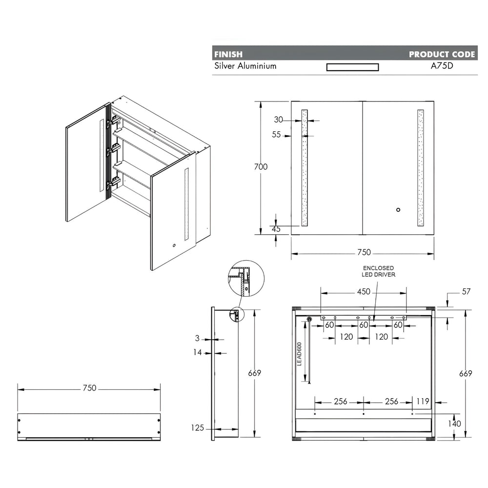 REMER AMBER SILVER LED SHAVING CABINET 750X700MM