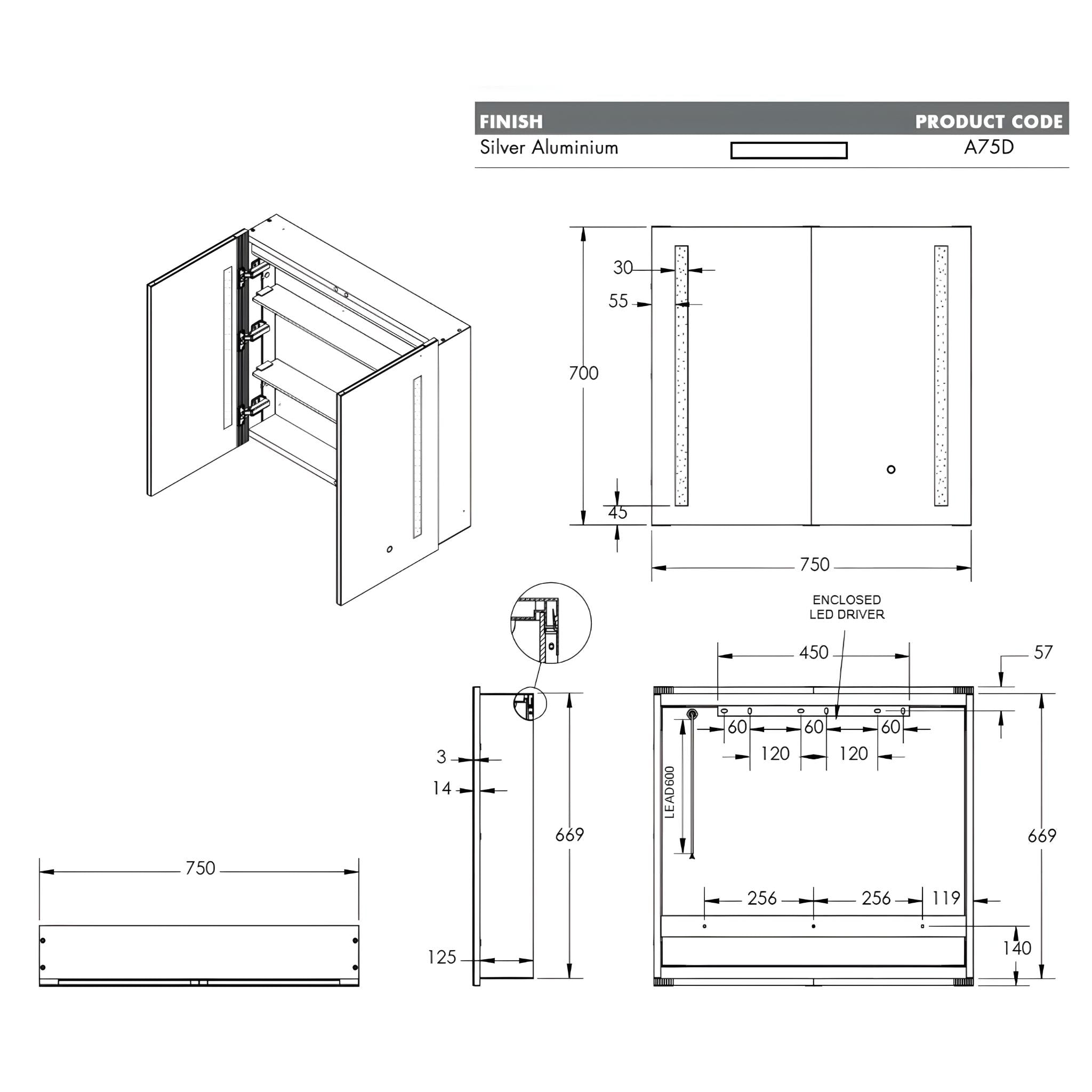 REMER AMBER SILVER LED SHAVING CABINET 750X700MM