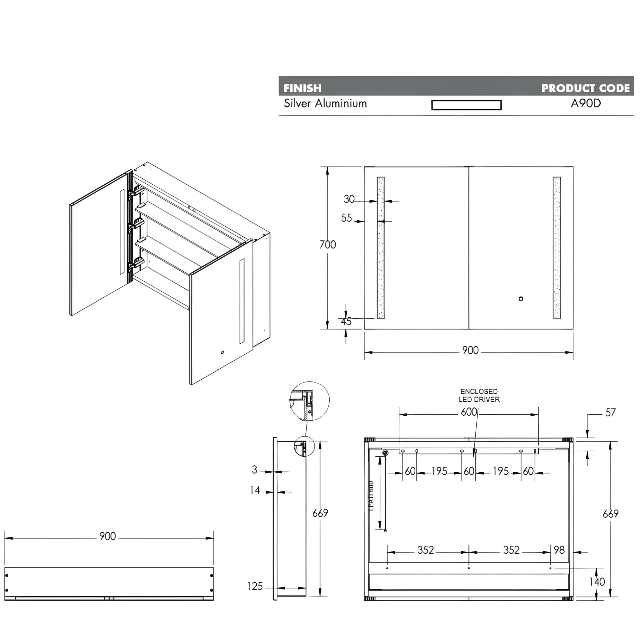 REMER AMBER SILVER LED SHAVING CABINET 900X700MM