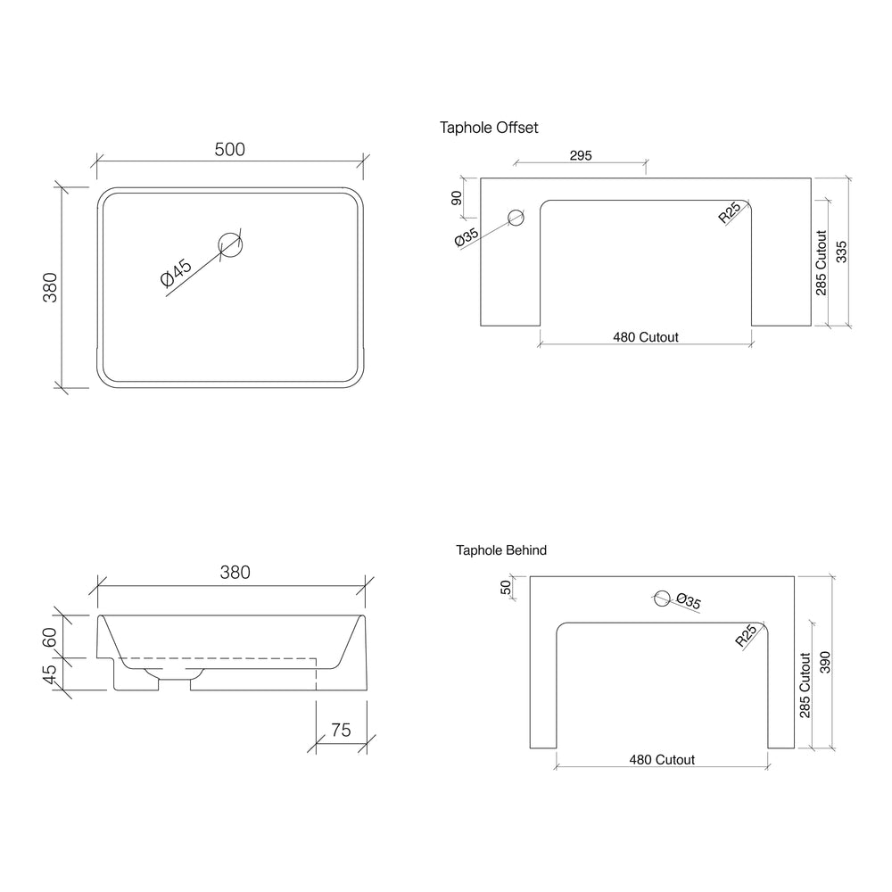 TIMBERLINE FERGUS SEMI-RECESSED BASIN GLOSS WHITE 500MM