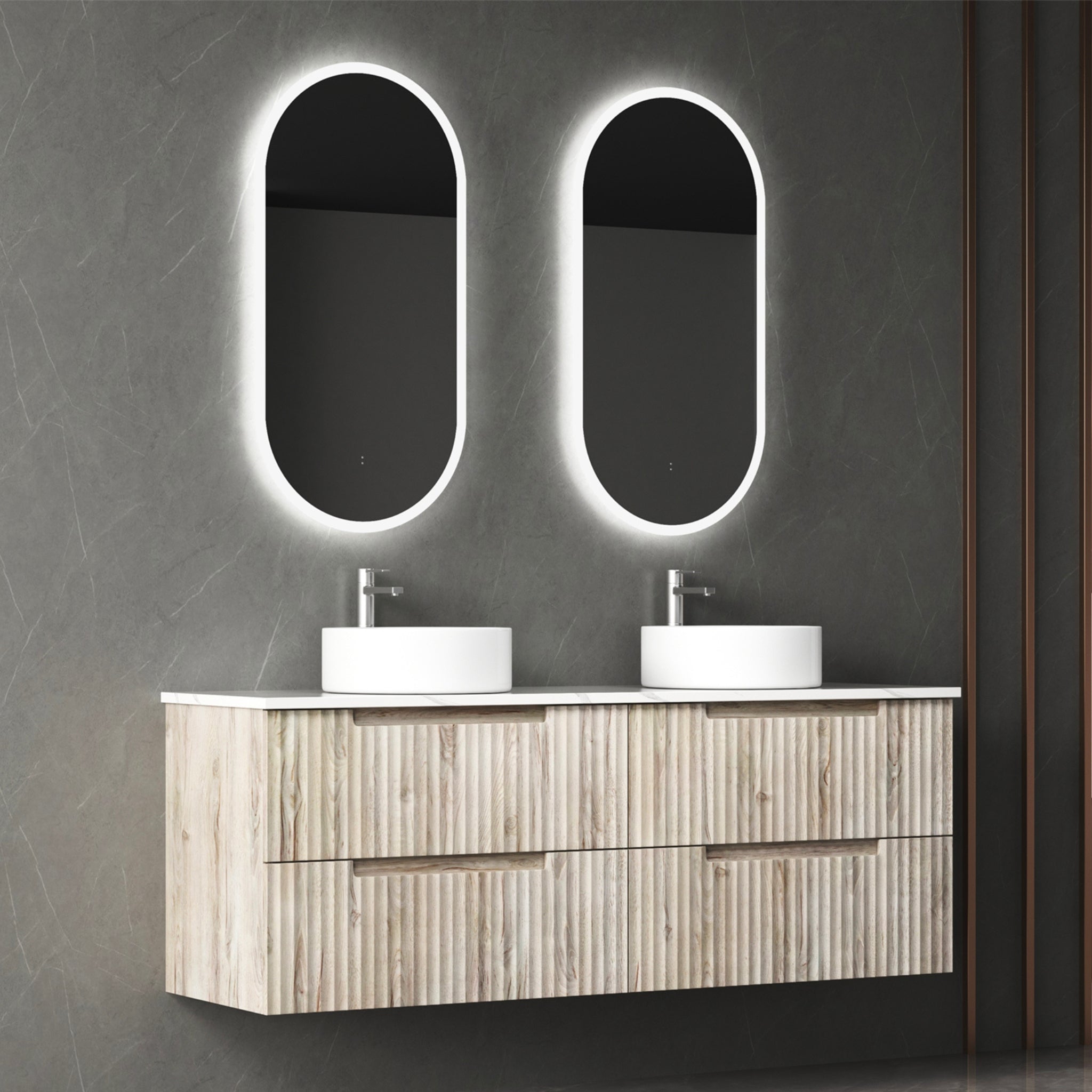 AULIC TUSCANA WOOD GRAIN 1500MM DOUBLE BOWL WALL HUNG VANITY W/ GERMAN HETTICH RUNNERS