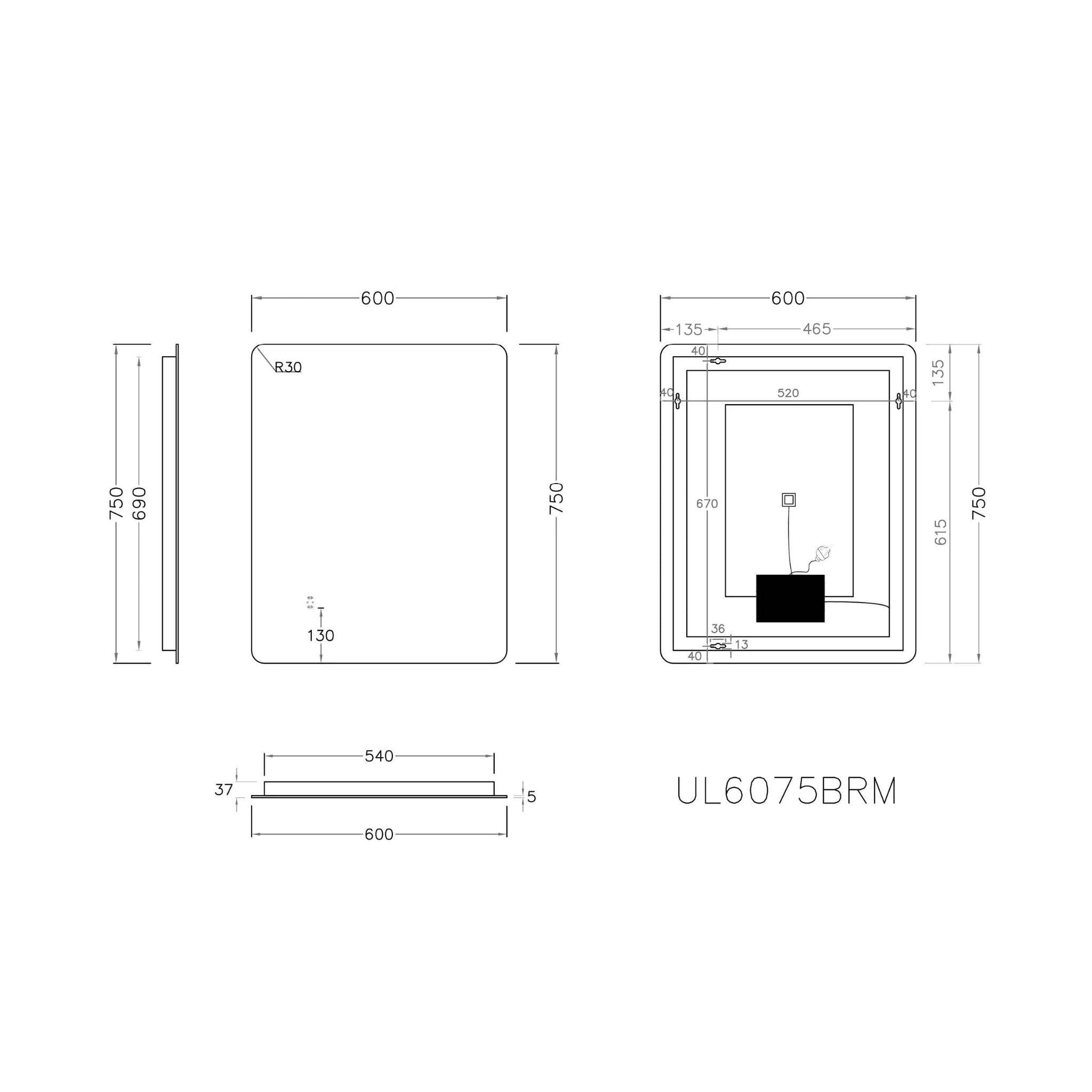 POSEIDON RECTANGLE BACKLIT LED MIRROR 3 COLOUR LIGHTS 600X750MM