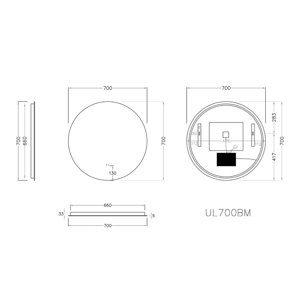 POSEIDON ROUND BACKLIT LED MIRROR 3 COLOUR LIGHTS 700X700MM