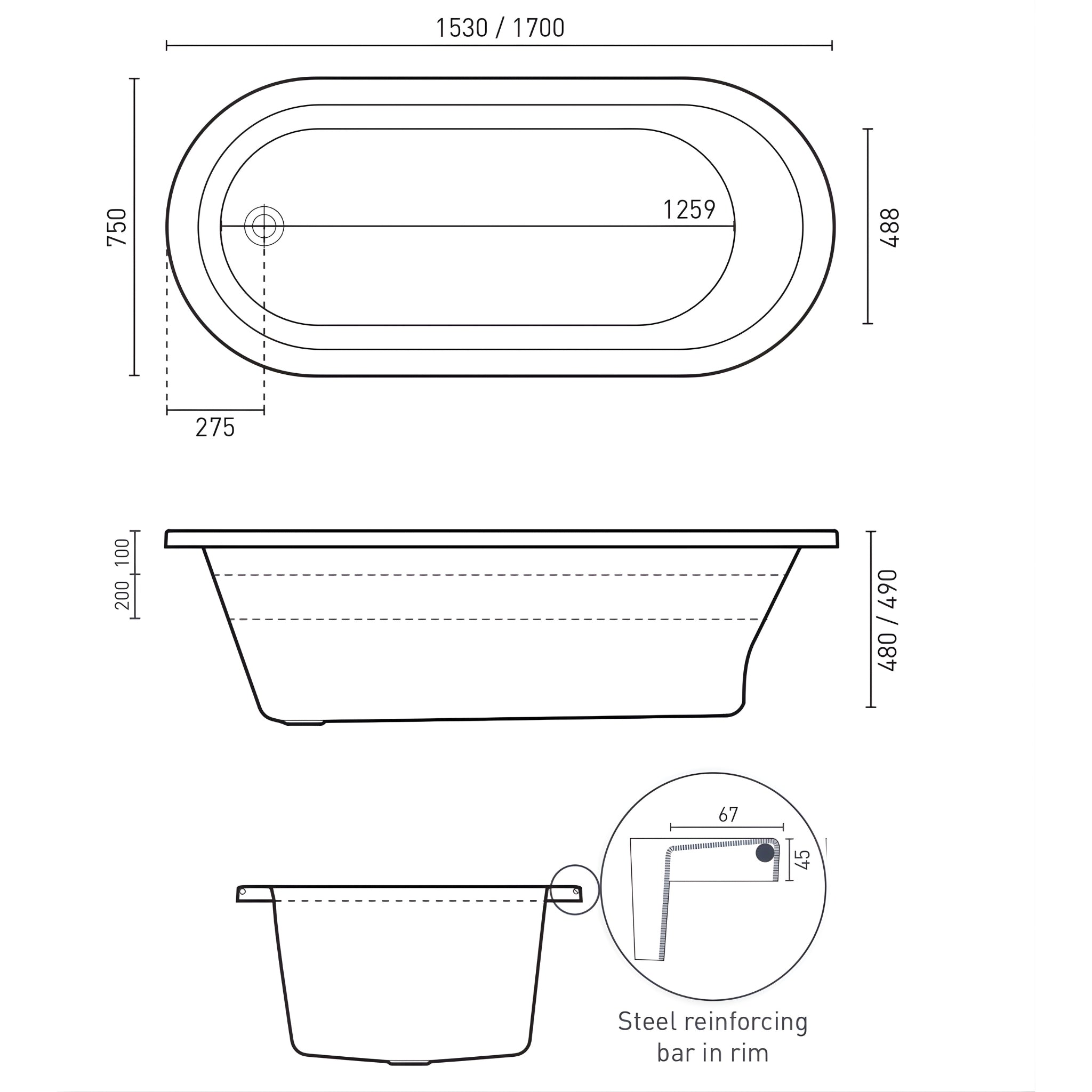 DECINA UNO ISLAND BATH GLOSS WHITE (AVAILABLE IN 1530MM AND 1700MM)