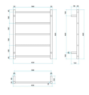 THERMOGROUP STRAIGHT NON-HEATED ROUND LADDER TOWEL RAIL MATTE BLACK 630MM