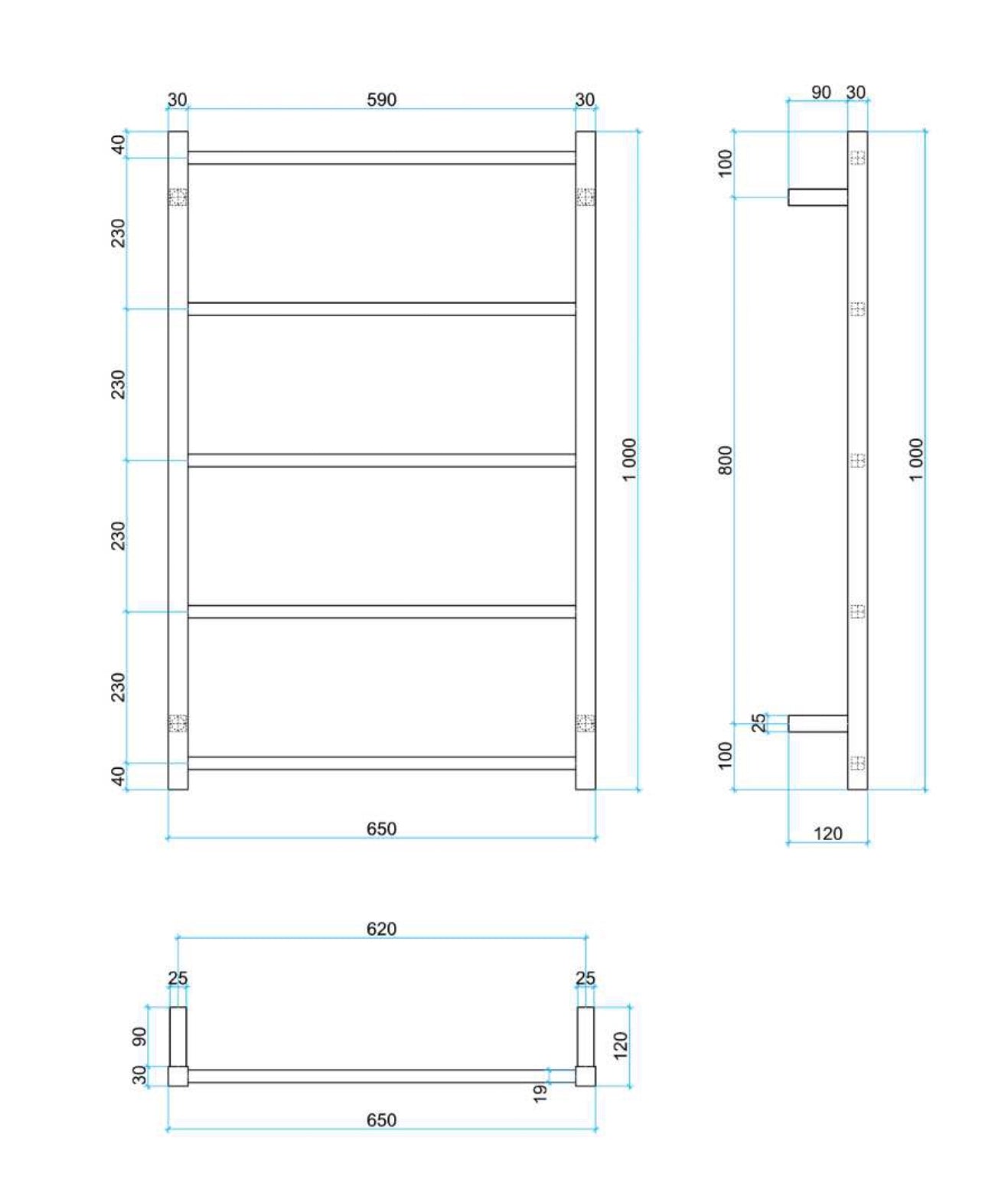 THERMOGROUP STRAIGHT SQUARE NON-HEATED LADDER TOWEL RAIL 650MM