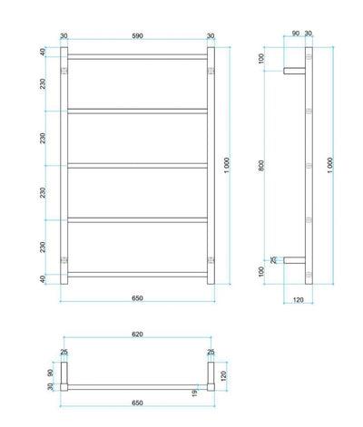 THERMOGROUP STRAIGHT SQUARE NON-HEATED LADDER TOWEL RAIL 650MM
