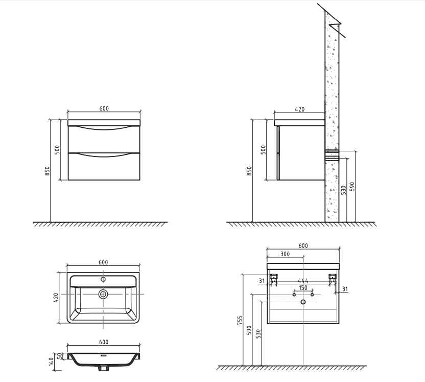 BEL BAGNO ANCONA WHITE OAK 600MM SINGLE BOWL WALL HUNG VANITY AND BASIN