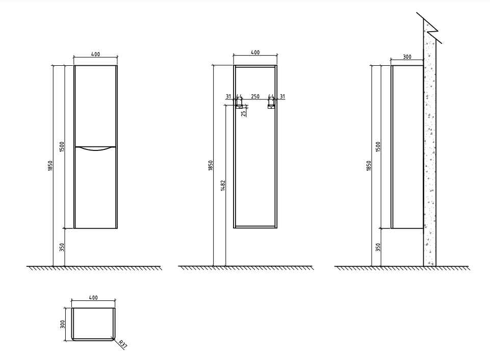 BEL BAGNO ANCONA GLOSS WHITE WALL HUNG TALL BOY 400MM X 1500MM