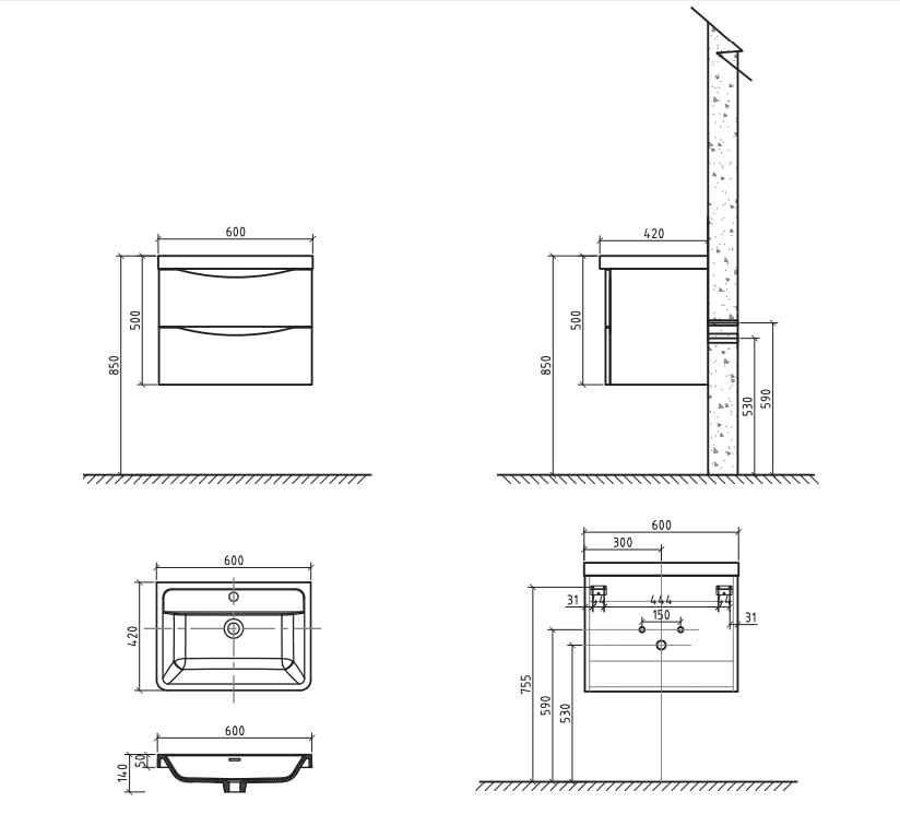 BEL BAGNO ANCONA ROSE WOOD 600MM SINGLE BOWL WALL HUNG VANITY AND BASIN