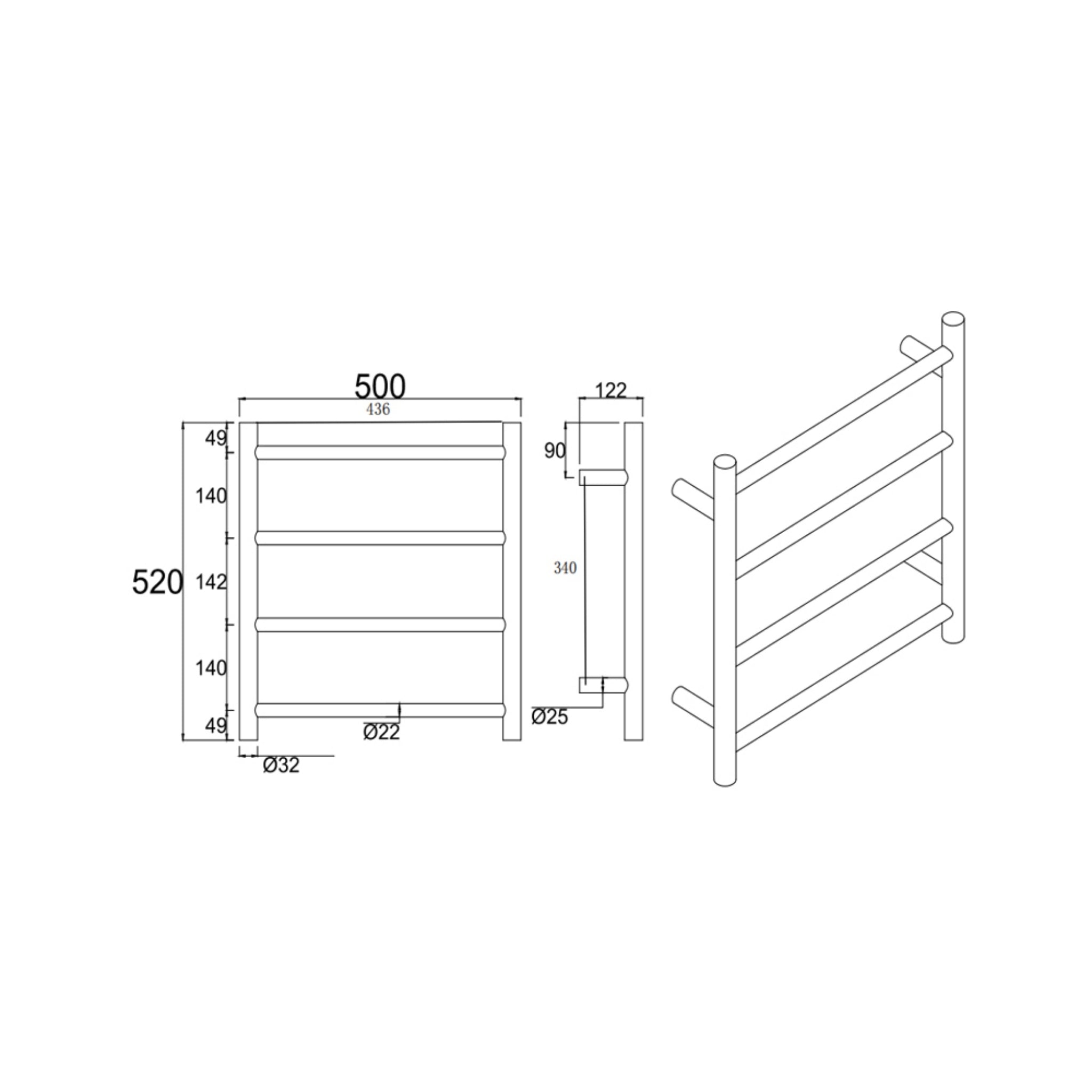 AQUAPERLA 4-BAR ROUND LADDER HEATED TOWEL RAIL BRUSHED GUN METAL 520MM
