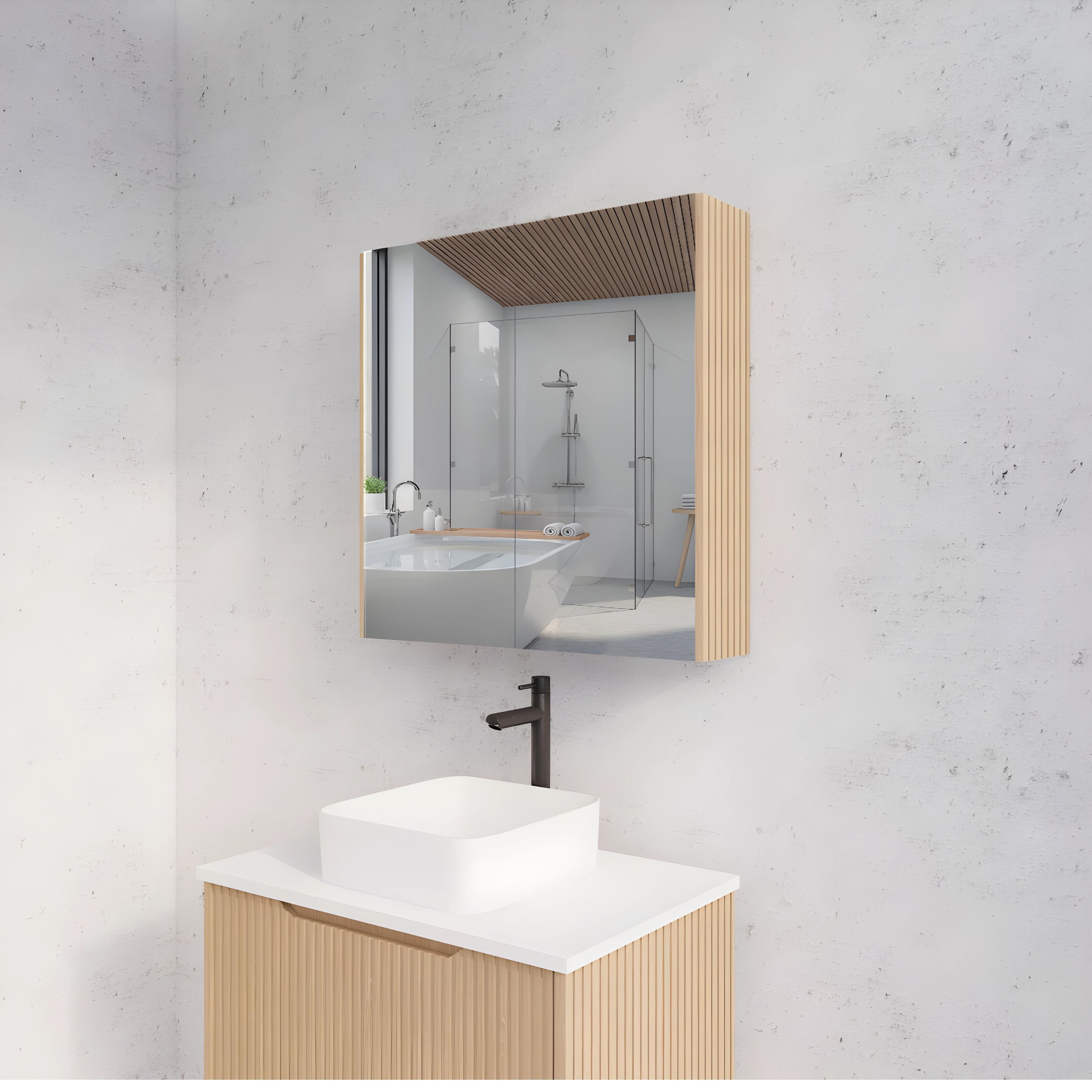 RIVA GENEVA AMERICAN OAK FLUTED MIRROR CABINET 750X720MM