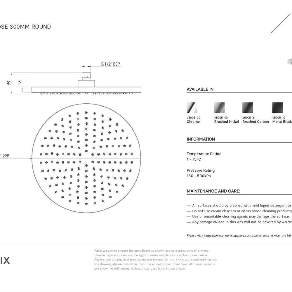 PHOENIX VIVID SHOWER ROSE ROUND 300MM BRUSHED CARBON