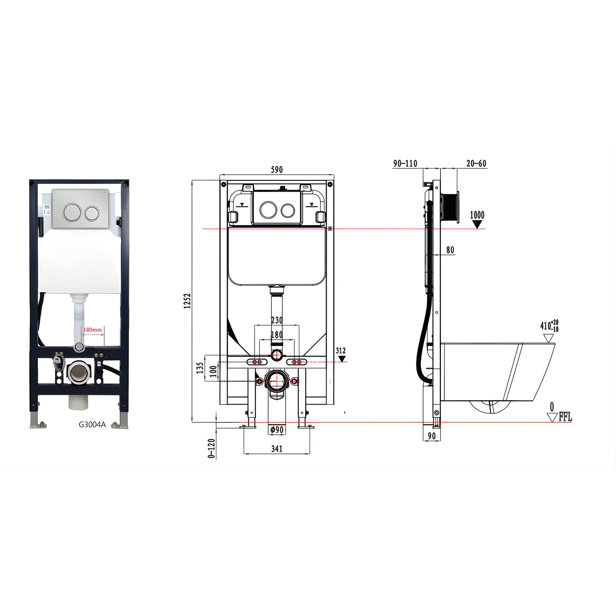 ZUMI NOVUS WALL HUNG SMART TOILET PACKAGE W/ INWALL CISTERN PUSH BUTTON AND REMOTE CONTROL (D-SHAPE) WHITE